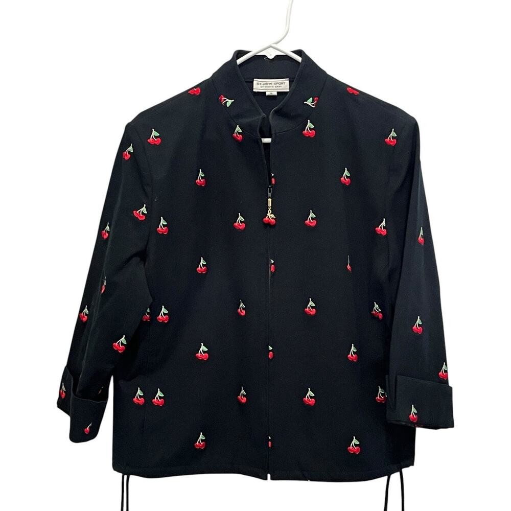 St John Sport Jacket Women Size M Black with Red Cherries 2004 Novelty Fruit
